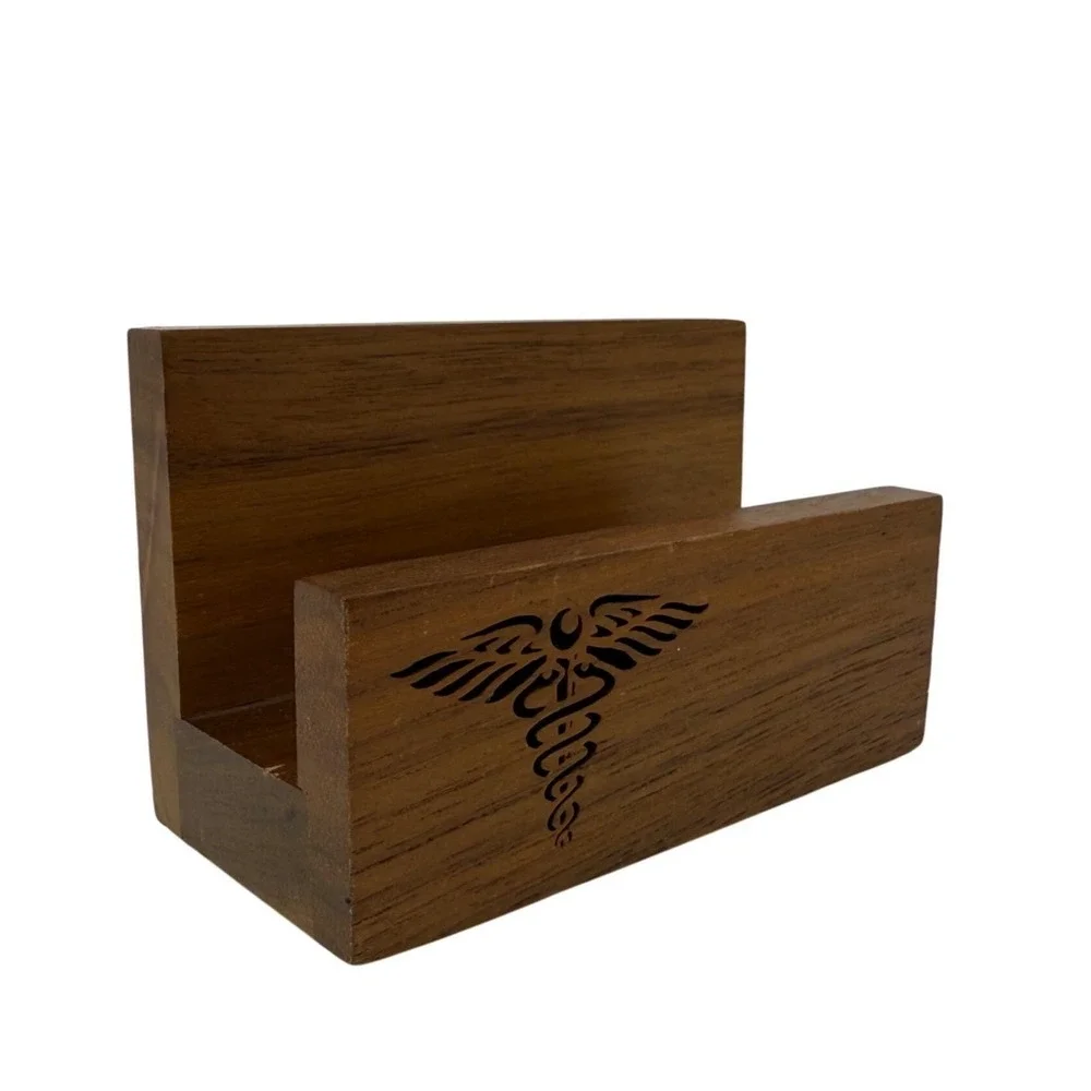 Vintage Wooden Business Card Holder with Caduceus Medical Desk Decor Doctor Gift